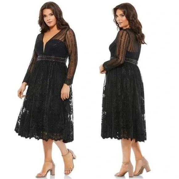 Mac Duggal 67902 Long Sleeve Illusion Lace Midi Gown SZ 16W Black $498 - Picture 1 of 6